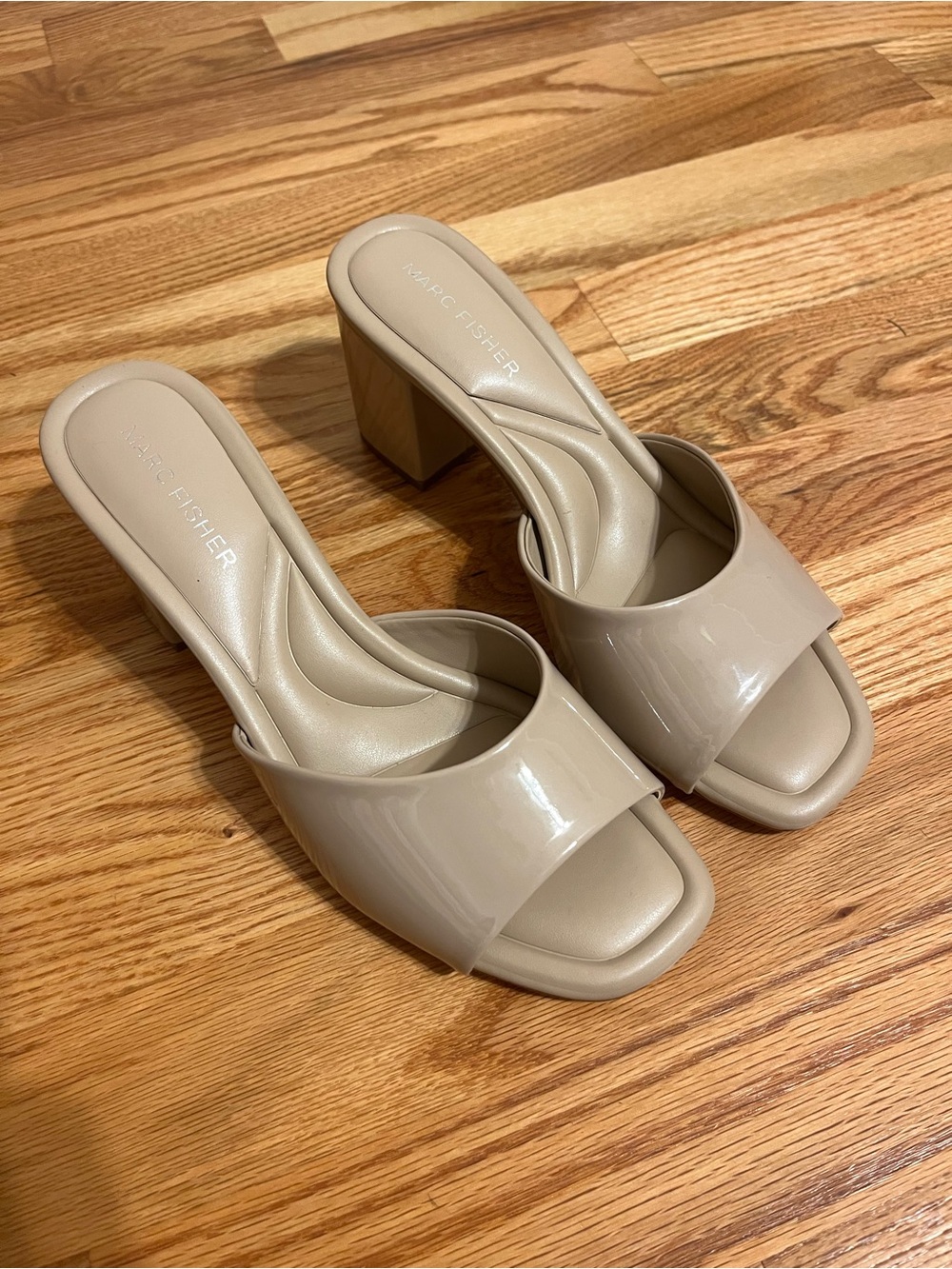 Marc Fisher Nude Patent Block Heel Slide Sandals